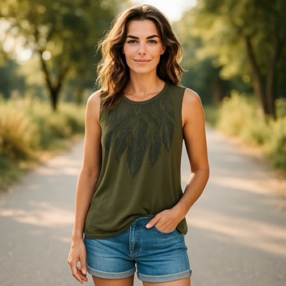 Haute Hippie Small Olive Green Feather Print Tank Top Long Relaxed Western